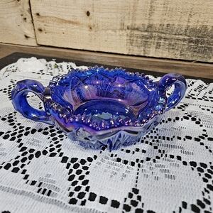 Iridescent Blue Glass Two-Handle Candy Dish - Unbranded